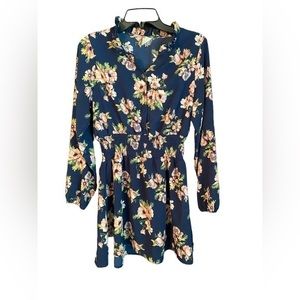 Navy floral long sleeve dress. Cinched elastic waist. Button up. Ruffle collar